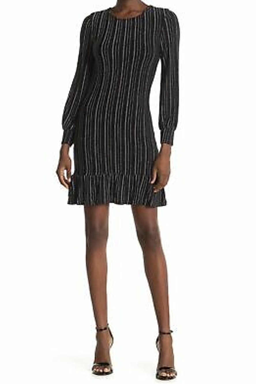 19 Cooper Mini Dress M Medium Black Silver Stripe Ruffle Hem Long Sleeve Nylon